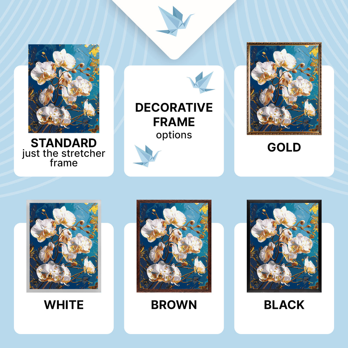 Pictură pe numere pe șasiu 40×50 cm – Floare de orhidee pe fundal albastru cu culori metalice – Flori – LW 30431