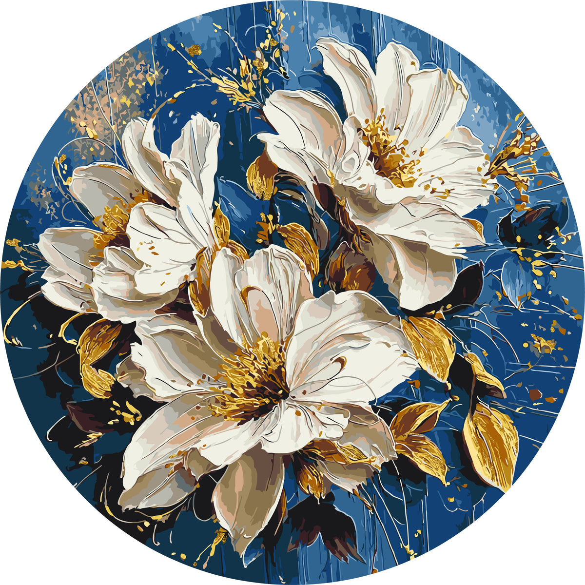 Pictură pe numere rotundă Ø45 cm – Magnolii albe cu culori metalice – Flori – OR 2001