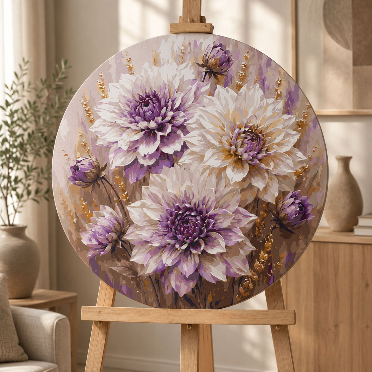 Pictură pe numere rotundă Ø45 cm – Dalii mov cu culori metalice – Flori – OR 2025
