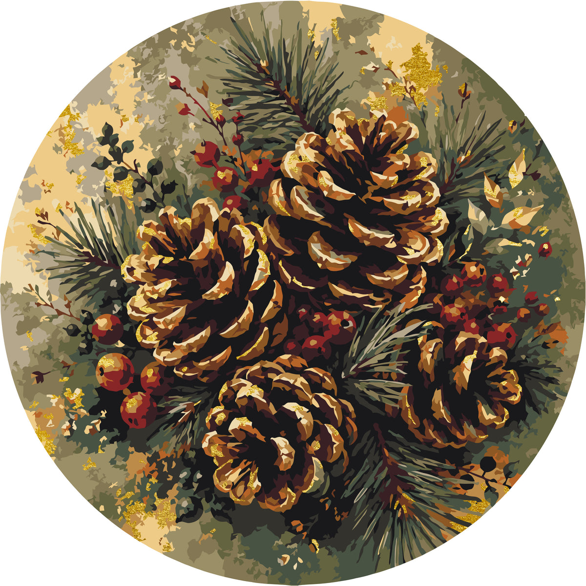 Pictură pe numere rotundă Ø35 cm – Conuri de brad și cetină de iarnă cu culori metalice – Natură statică/Iarnă/Crăciun – OR 2058