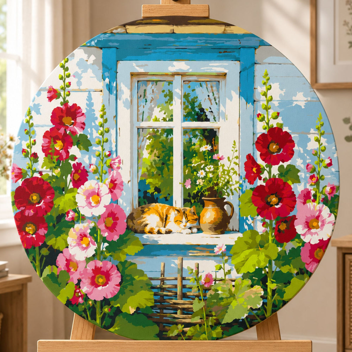 Pictură pe numere rotundă Ø45 cm – Pisică printre nalbe – Animale/Flori – OR 2060