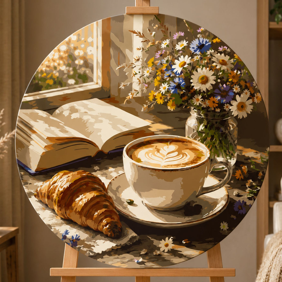 Pictură pe numere rotundă Ø40 cm – Cafea și croissant – Natură statică/Flori – OR 2064