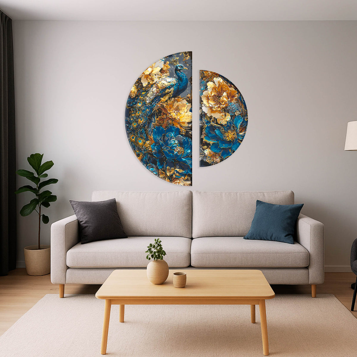 Pictură pe numere pe șasiu ⌀50 cm + ⌀70 cm – Păun printre flori cu culori metalice – Animale/Flori – OSR 1015
