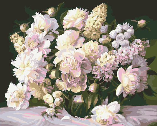 Pictură pe numere – buchet delicat de bujori albi și liliac