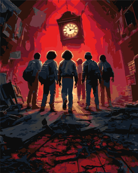 Pictură pe numere – Stranger Things, gașca de lângă ceas