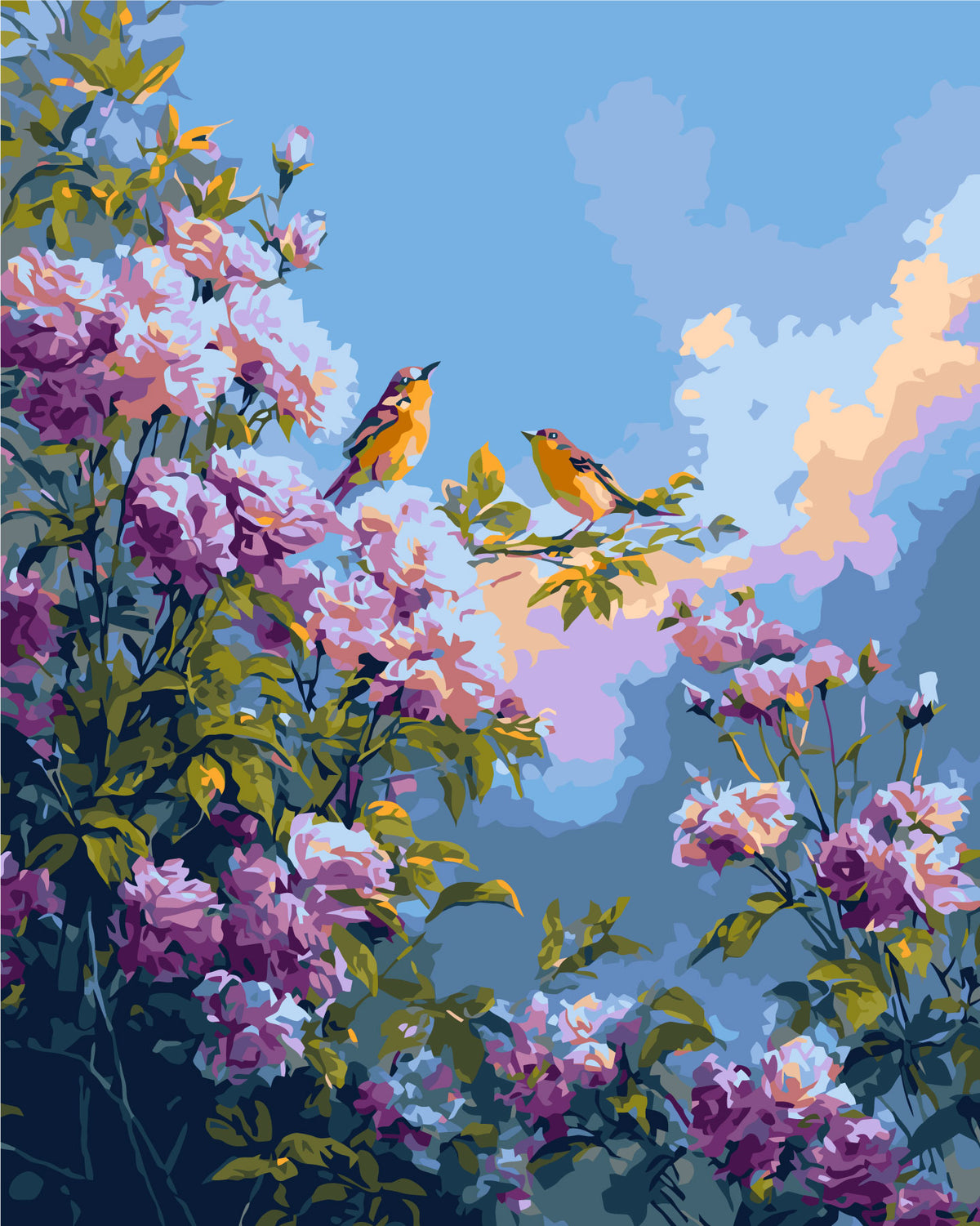Pictură pe numere pe șasiu 40×50 cm – Păsărele printre bujori – Flori/Animale – LW 2003-01