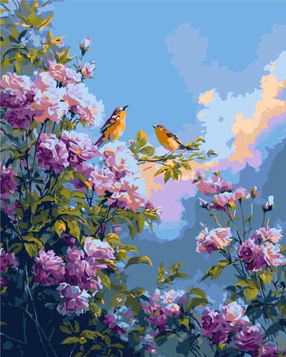 Pictură pe numere pe șasiu 40×50 cm – Păsărele printre bujori – Flori/Animale – LW 2003-01