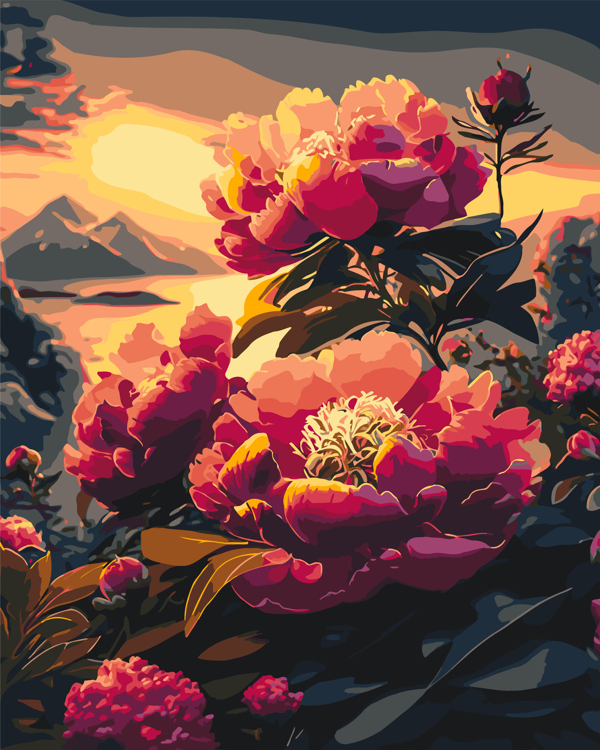 Pictură pe numere pe șasiu 40×50 cm – Bujori la apus – Flori/Peisaj – LW 2004