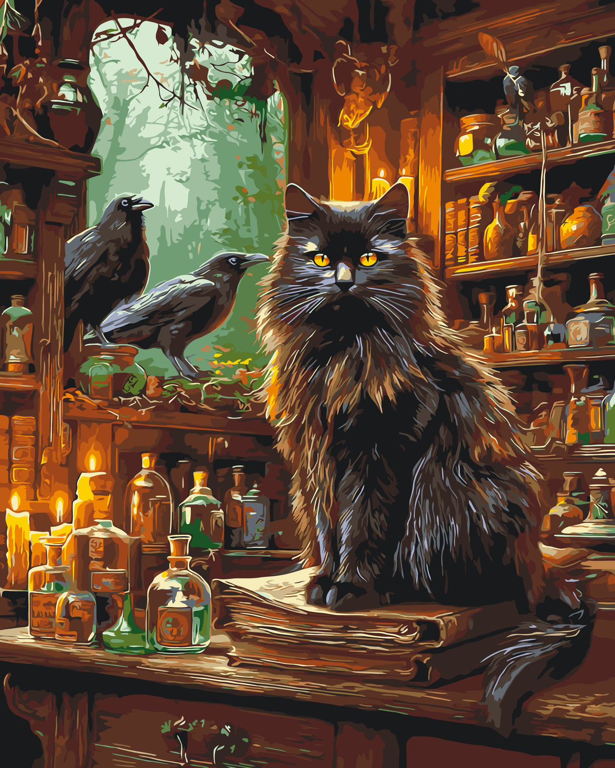 Pictură pe numere – pisica neagră și magia poțiunilor