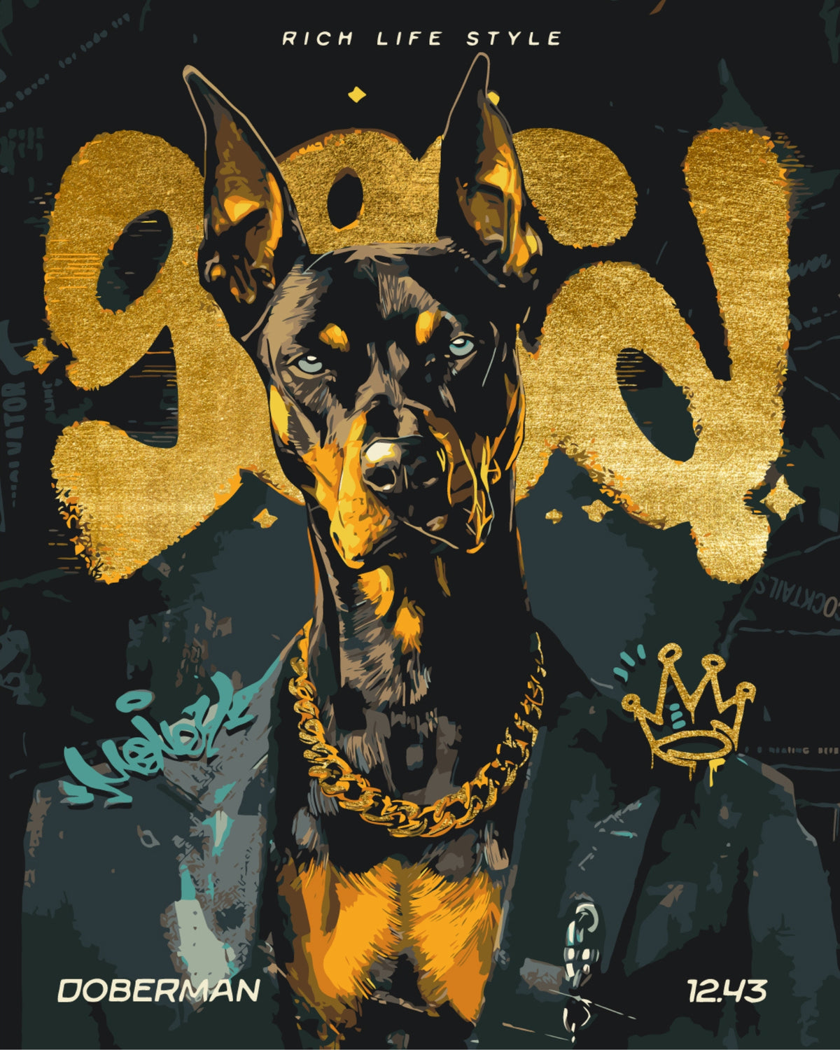 Pictură pe numere pe șasiu 40×50 cm – Doberman cu lanț de aur cu culori metalice – Animale – LW 30460