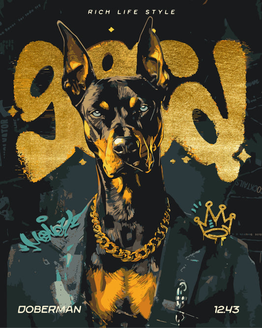 Pictură pe numere – doberman cu lanț de aur