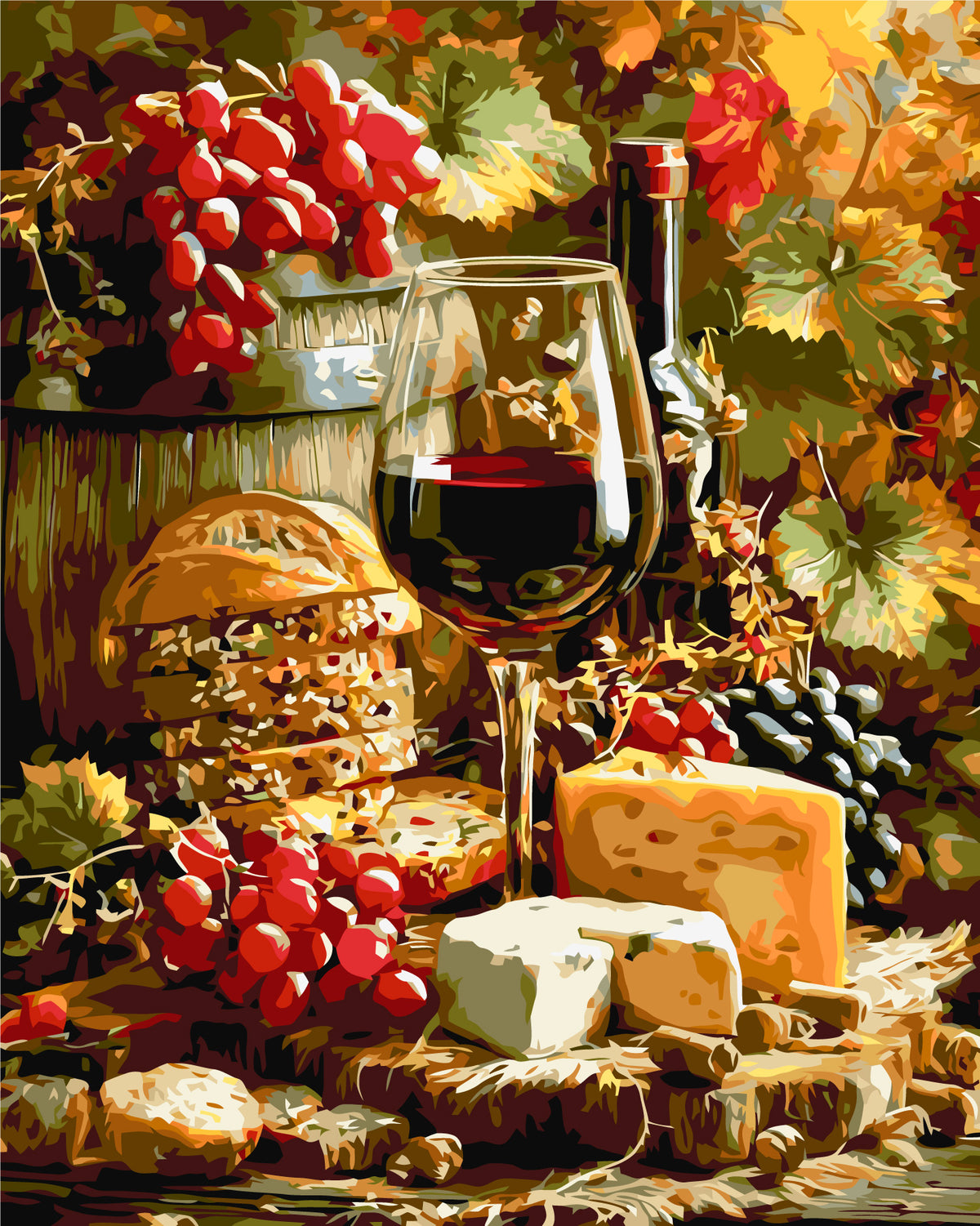 Pictură pe numere pe șasiu 40×50 cm – Vin, brânză și struguri – Natură statică – LW 3059-01