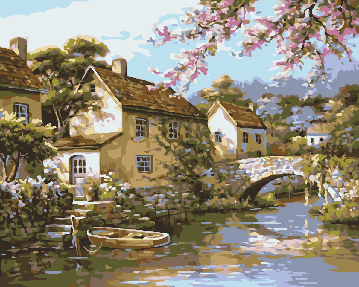 Pictură pe numere pe șasiu 40×50 cm – Sătuc lângă râu – Peisaj – LW 3072