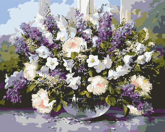 Pictură pe numere – buchet de liliac și bujori