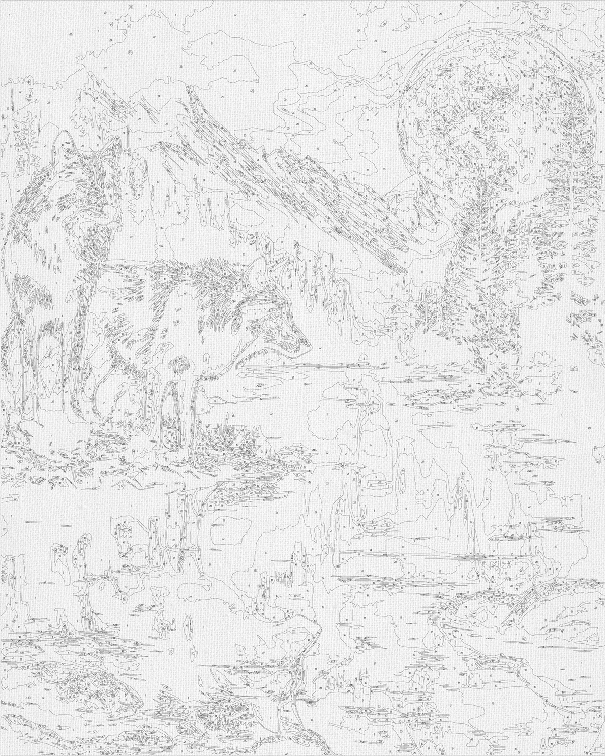 Pictură pe numere pe șasiu 40×50 cm – Pereche de lupi noaptea cu culori metalice – Peisaj/Animale – LW 30780