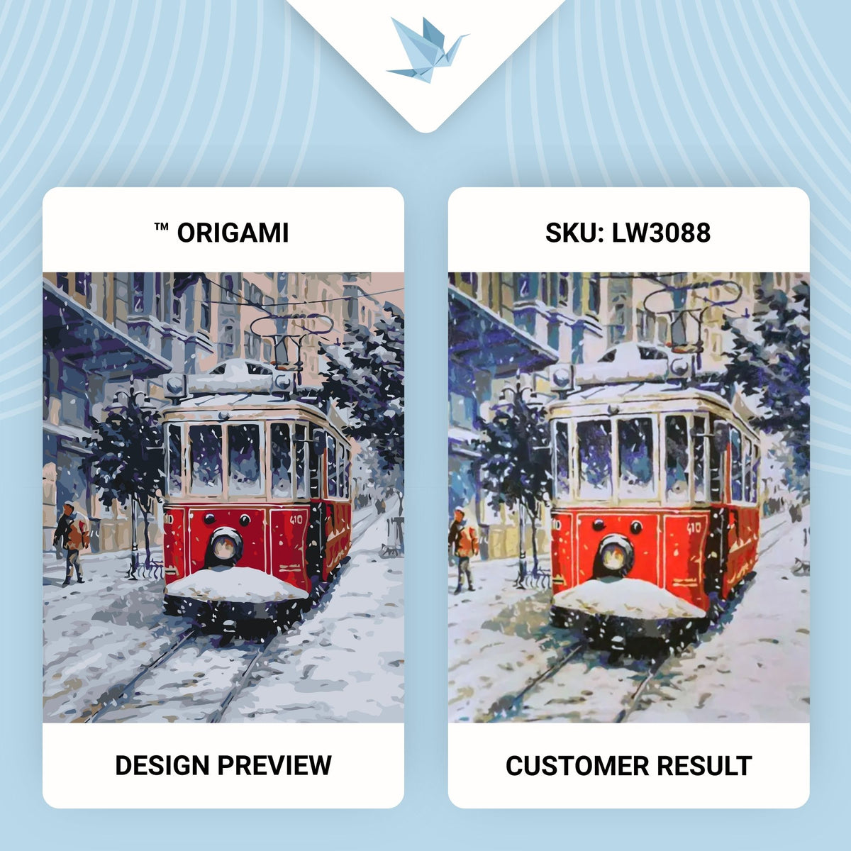 Pictură pe numere pe șasiu 40×50 cm – Tramvaiul roșu de altădată – Iarnă/Crăciun/Peisaj – LW 3088