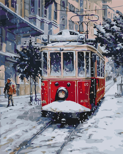 Pictură pe numere pe șasiu 40×50 cm – Tramvaiul roșu de altădată – Iarnă/Crăciun/Peisaj – LW 3088