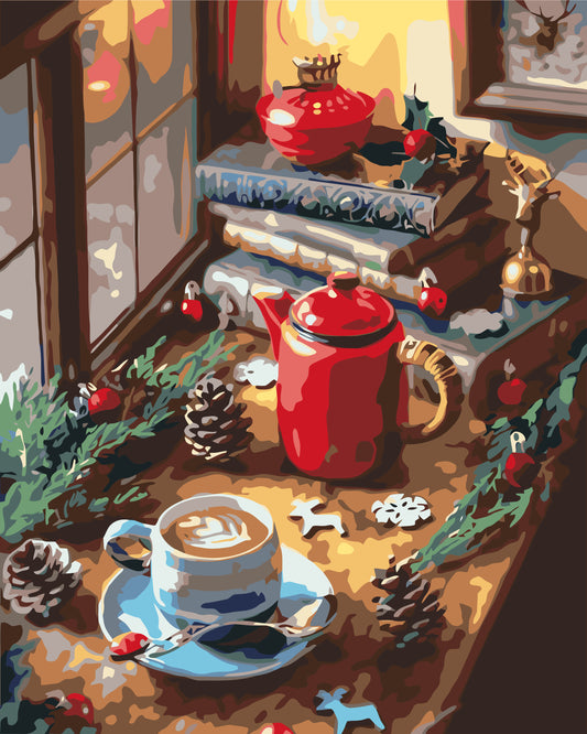 Pictură pe numere – natură statică de Crăciun cu cafea