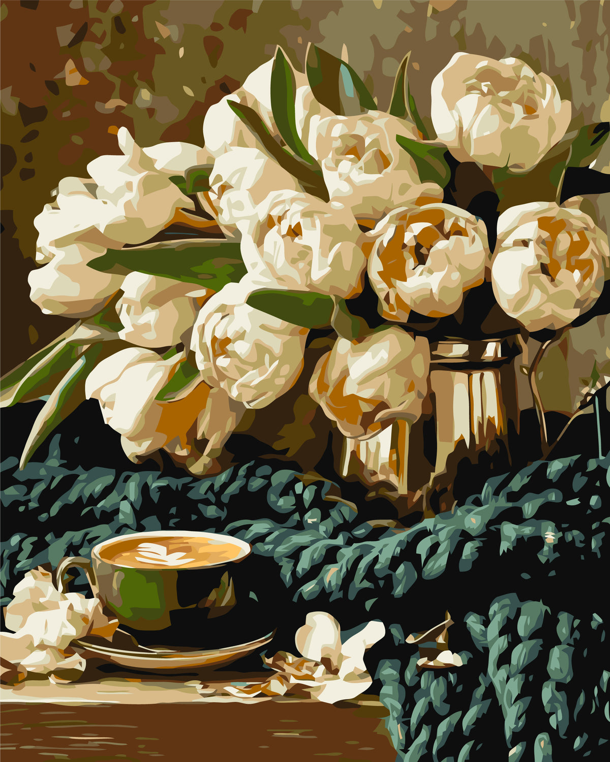 Pictură pe numere – bujori albi și o ceașcă de cafea