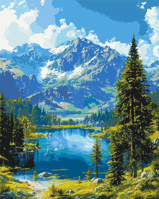 Pictură pe numere – liniște montană lângă lac