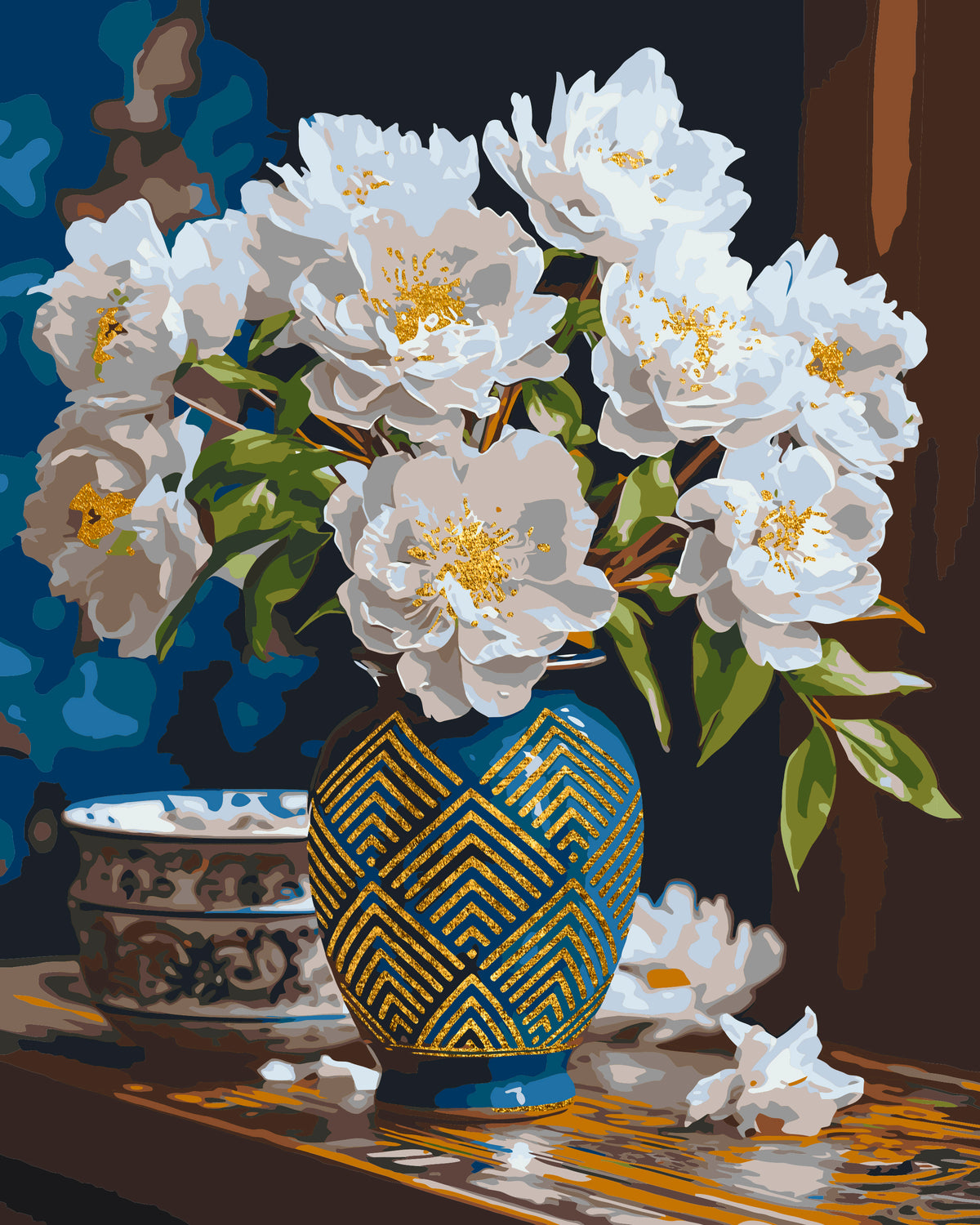 Pictură pe numere pe șasiu 40×50 cm – Flori albe în vază cu culori metalice – Flori/Natură statică – LW 31350