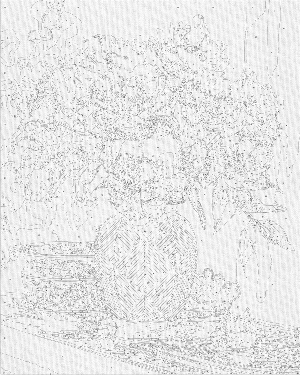 Pictură pe numere pe șasiu 40×50 cm – Flori albe în vază cu culori metalice – Flori/Natură statică – LW 31350