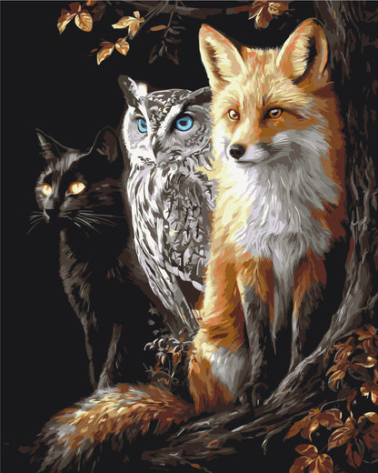 Pictură pe numere pe șasiu 40×50 cm – Vulpe, bufniță și pisică în pădurea nocturnă – Animale – LW 3141-01