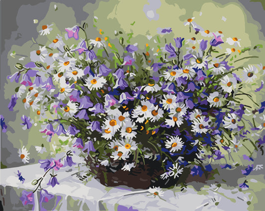 Pictură pe numere – buchet de margarete și clopoței