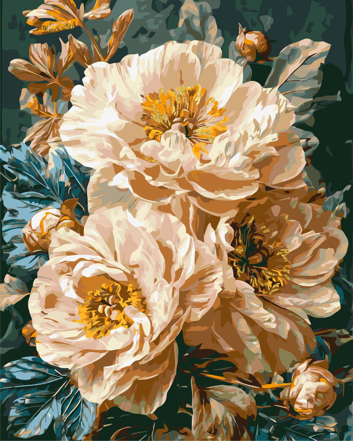 Pictură pe numere pe șasiu 40×50 cm – Bujori bej cu culori metalice – Flori – LW 3159-01