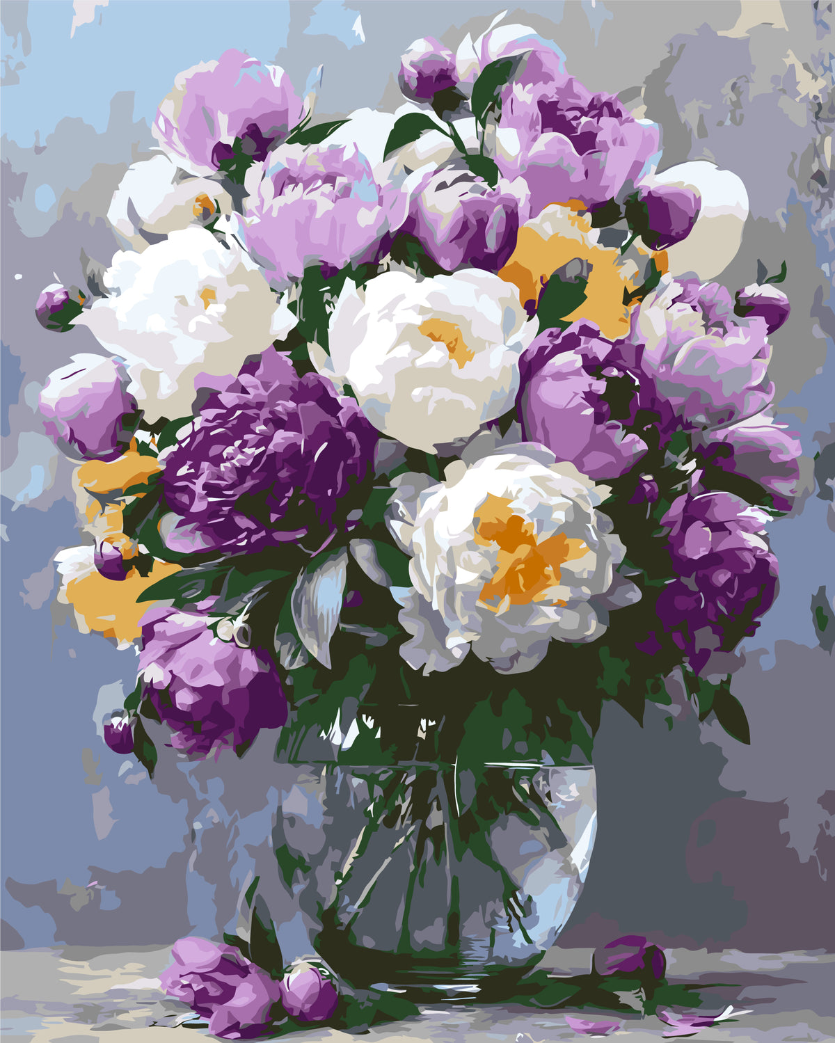 Pictură pe numere – bujori violet și albi într-o vază de sticlă