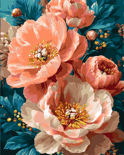 Pictură pe numere pe șasiu 40×50 cm – Bujori roz cu culori metalice – Flori – LW 3170-01
