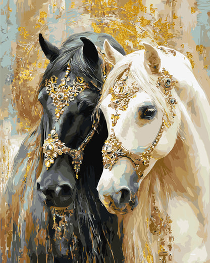 Pictură pe numere pe șasiu 40×50 cm – Doi cai cu culori metalice – Animale – LW 32210-01