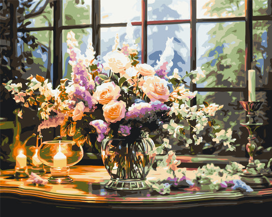 Pictură pe numere – buchet de flori lângă lumânări
