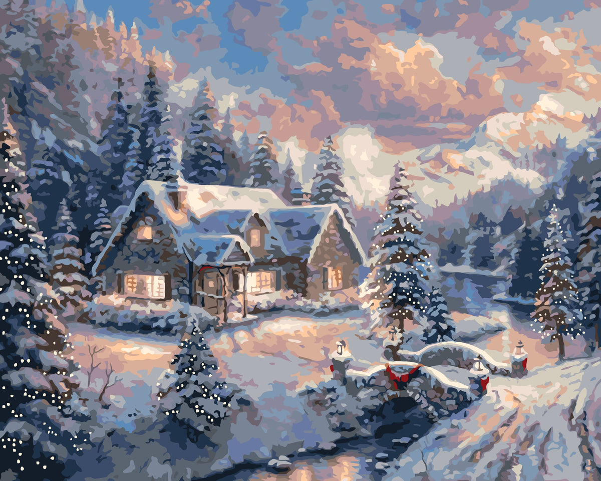 Pictură pe numere pe șasiu 40×50 cm – Căsuță de Anul Nou – Iarnă/Crăciun/Peisaj – LW 3253