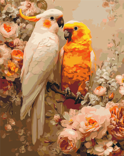 Pictură pe numere pe șasiu 40×50 cm – Pereche de papagali – Animale/Flori – LW 3271-01