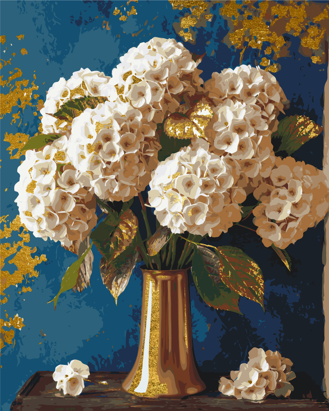 Pictură pe numere pe șasiu 40×50 cm – Buchet de hortensii cu culori metalice – Flori/Natură statică – LW 3295