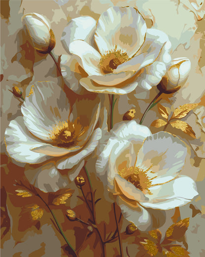 Pictură pe numere pe șasiu 40×50 cm – Flori albe cu culori metalice – Flori – LW 3302