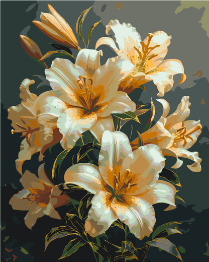 Pictură pe numere pe șasiu 40×50 cm – Crini strălucitori cu culori metalice – Flori – LW 3303