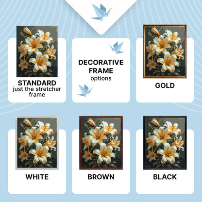 Pictură pe numere pe șasiu 40×50 cm – Crini strălucitori cu culori metalice – Flori – LW 3303