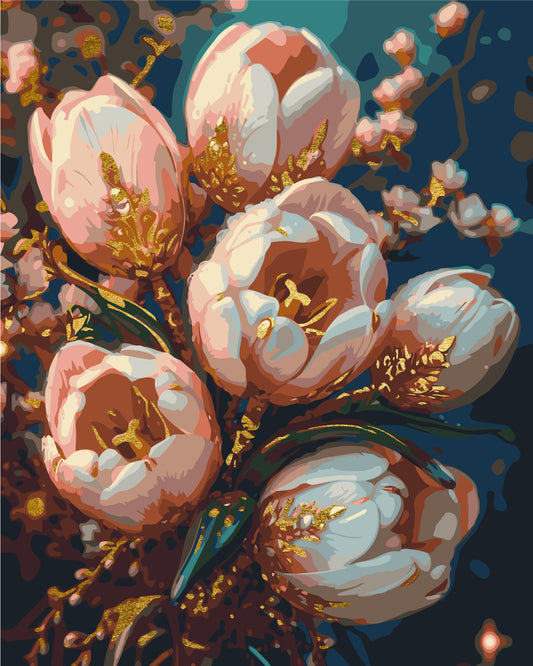 Pictură pe numere – lalele roz delicate cu auriu
