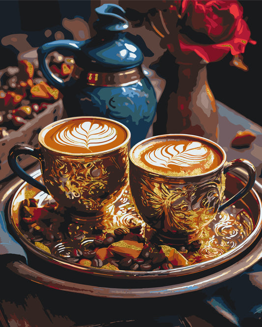 Pictură pe numere – cafea aromată în cești aurii