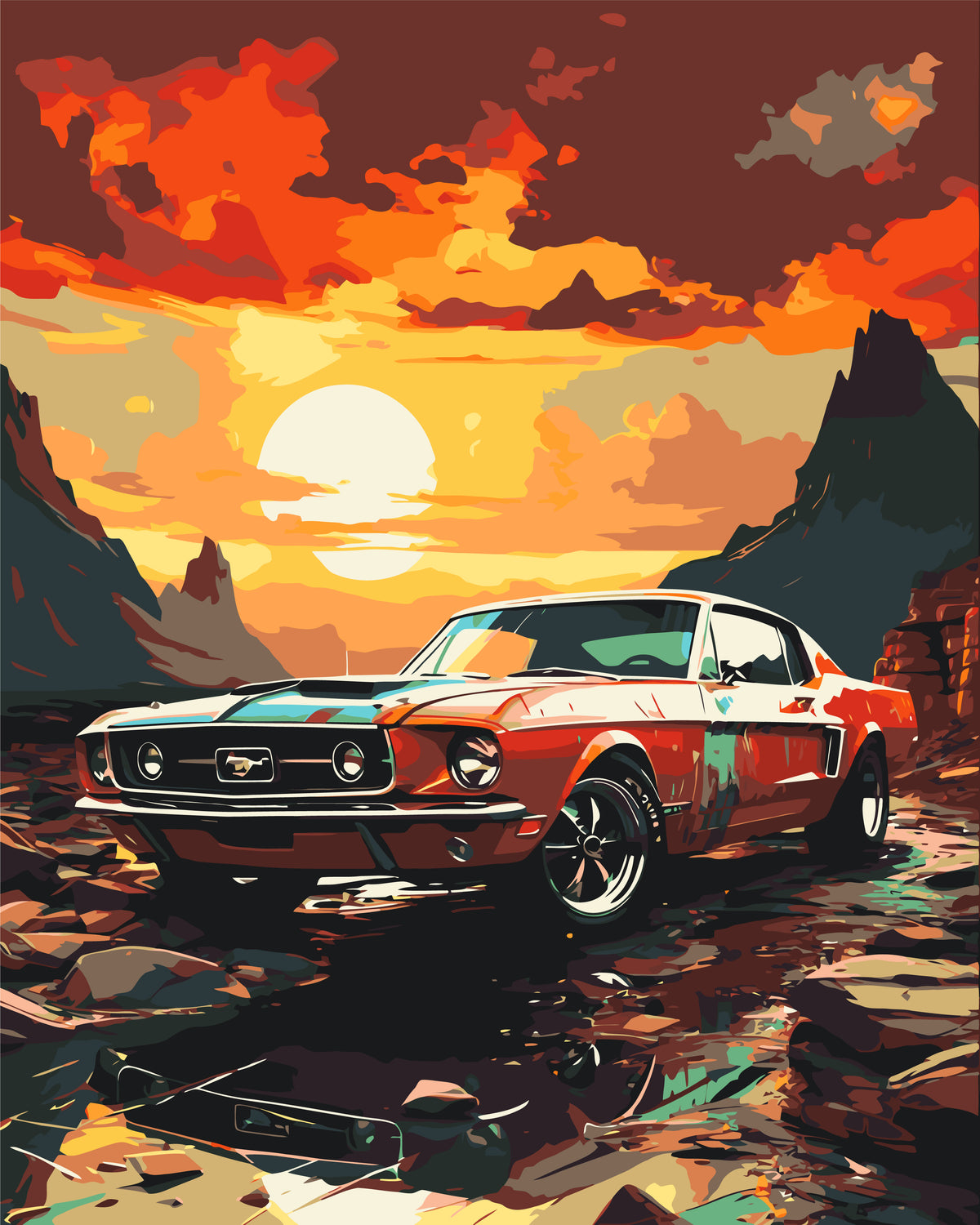 Pictură pe numere pe șasiu 40×50 cm – Mustang la apus de soare – Peisaj – LW 3314