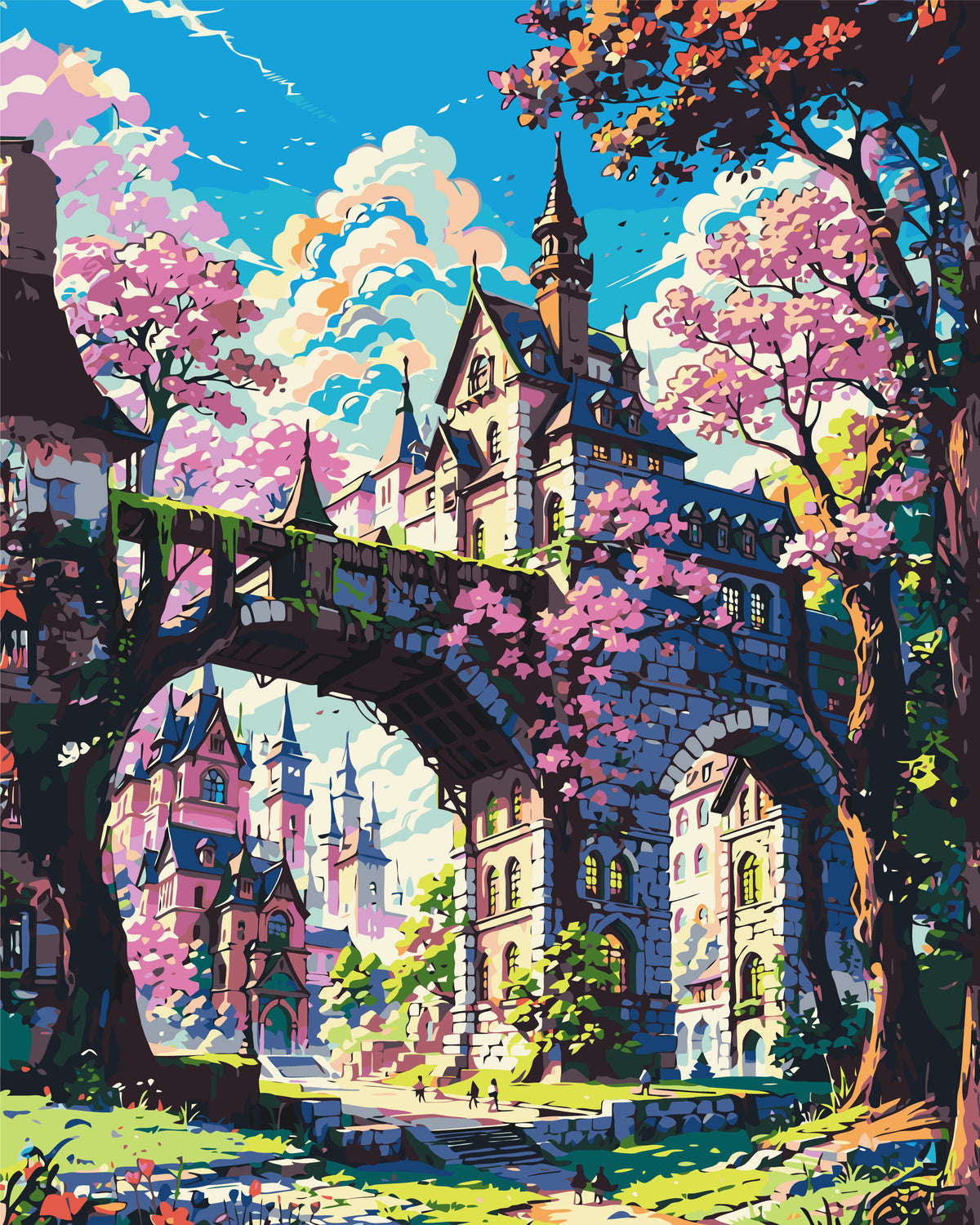 Pictură pe numere pe șasiu 40×50 cm – Castel de basm printre sakura – Peisaj – LW 3331