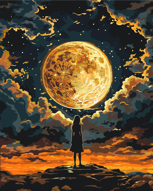 Pictură pe numere – fată sub luna aurie