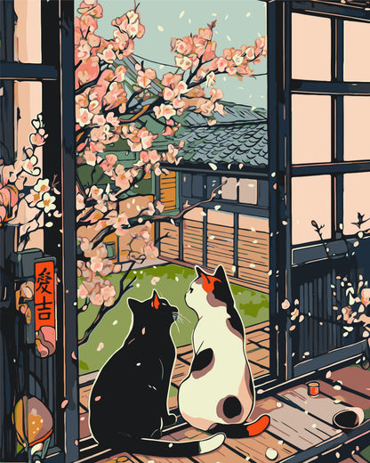 Pictură pe numere pe șasiu 40×50 cm – Pisici lângă sakura – Animale – LW 3404