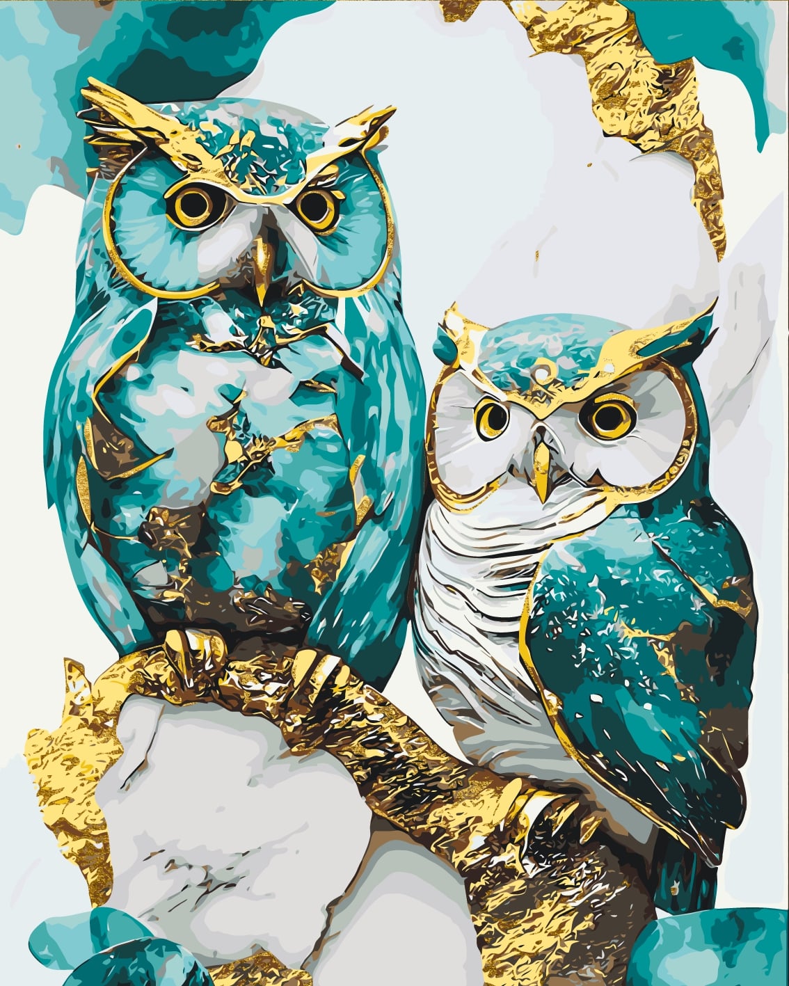 Pictură pe numere pe șasiu 40×50 cm – Două bufnițe cu culori metalice – Animale – LW 3405