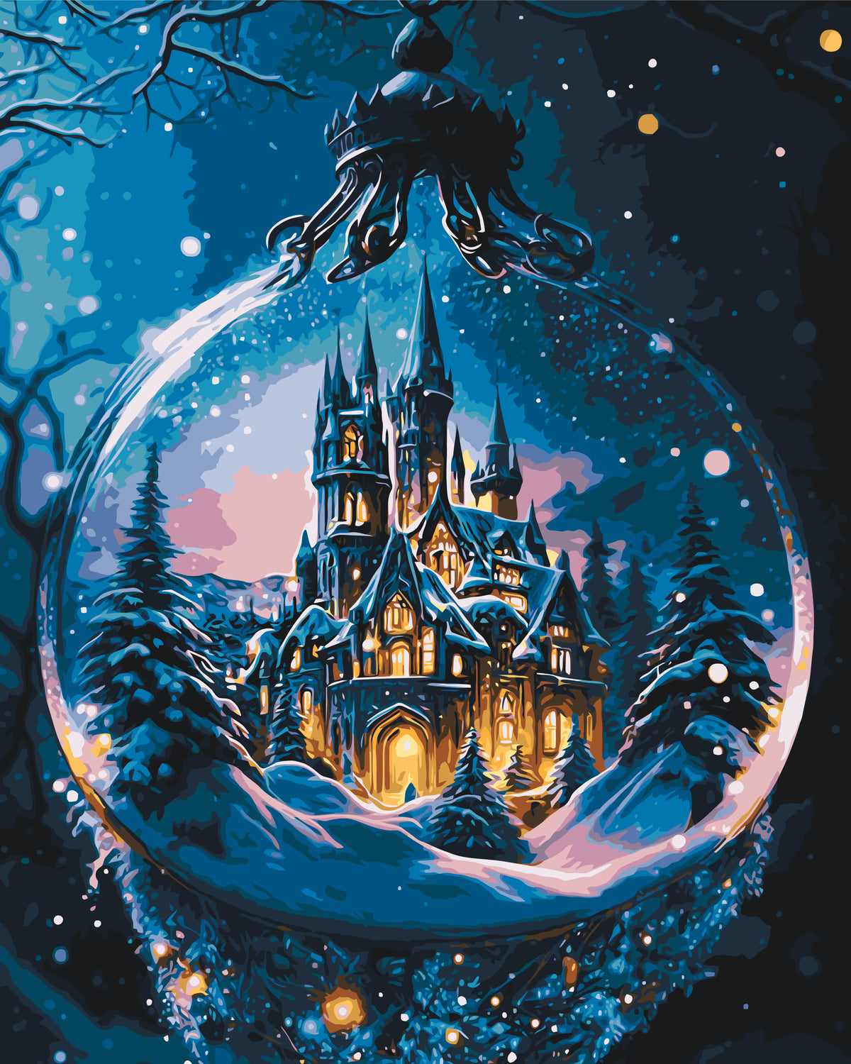 Pictură pe numere – castel într-un glob de Crăciun