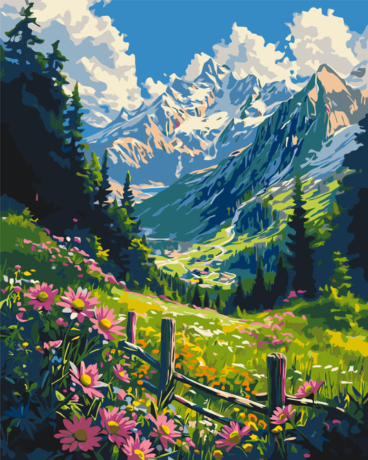 Pictură pe numere – pajiște de munte cu gard