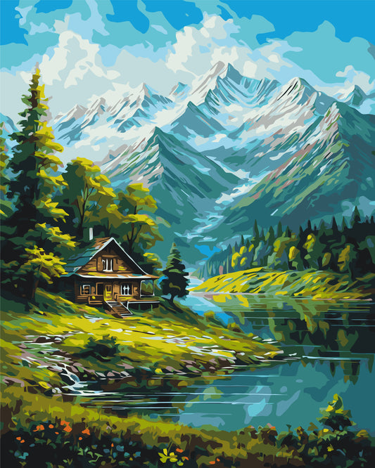 Pictură pe numere – cabană lângă un lac de munte