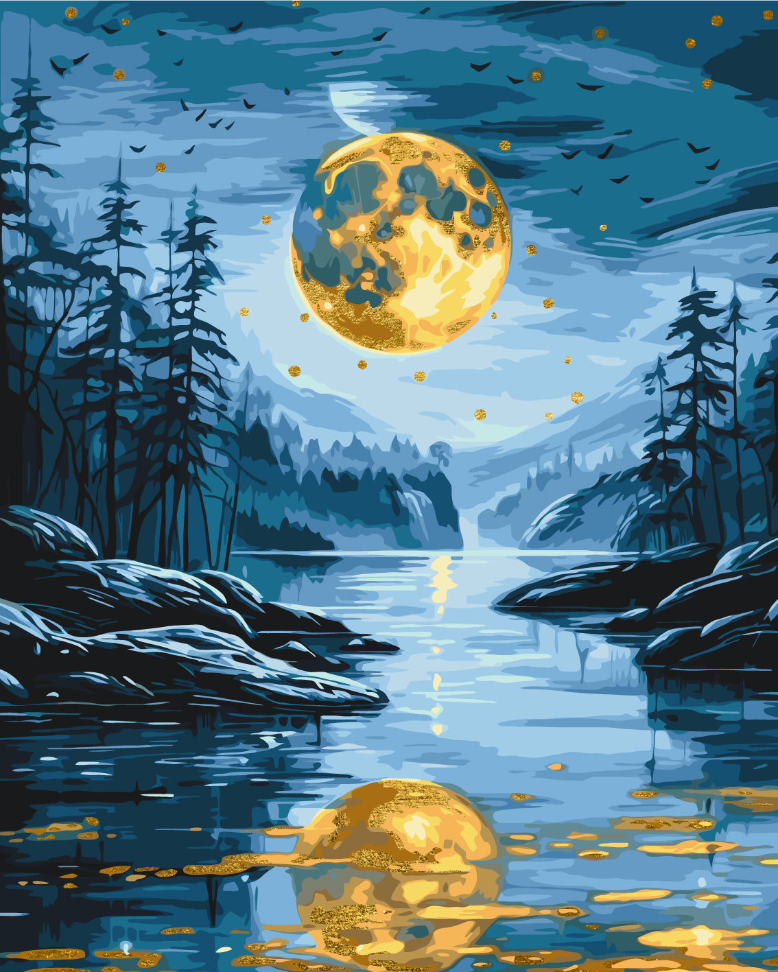 Pictură pe numere – lună aurie deasupra unui lac din pădure